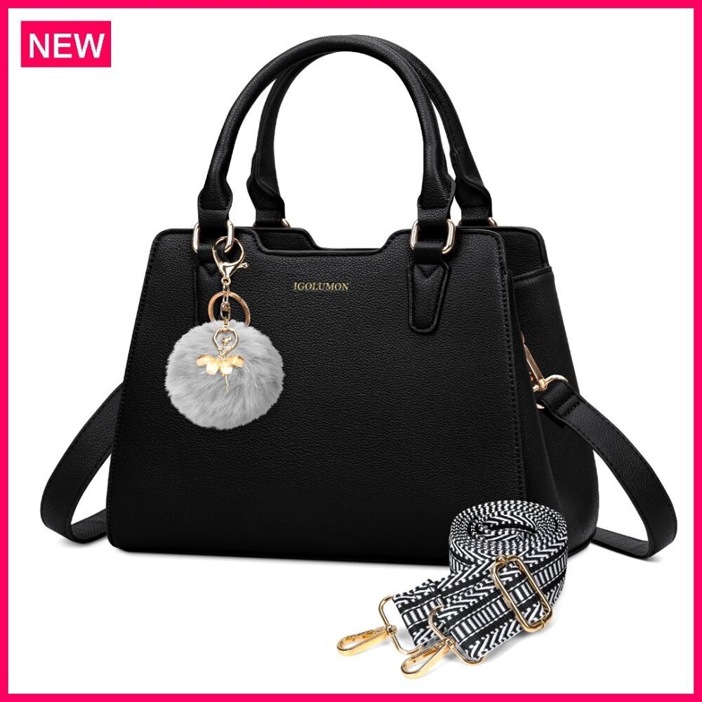 PU Leather Top Handle Satchel Tote with Removable Pompom and Multiple